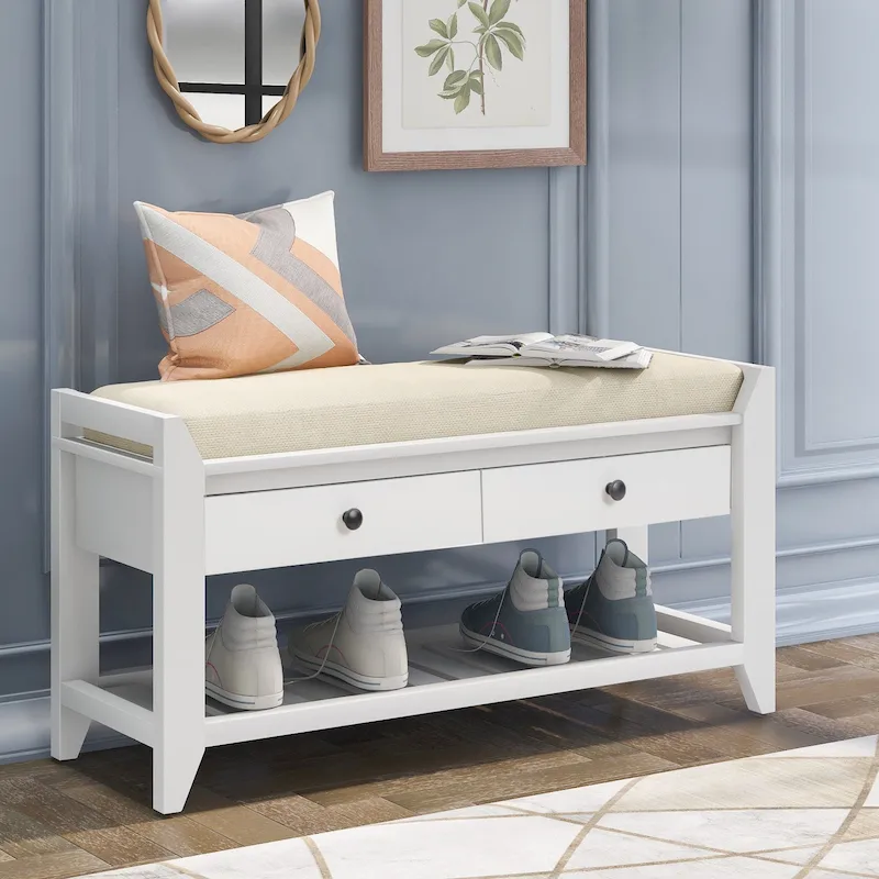 TREXM Shoe Rack with Cushioned Seat and Drawers