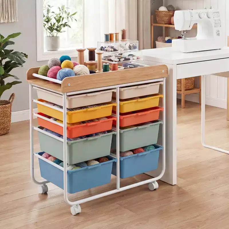 Costway 10-Drawer Rolling Art & Craft Storage Cart with Wooden Tabletop, Lockable Wheels, Metal Frame & Handles Natural + Macaron/White