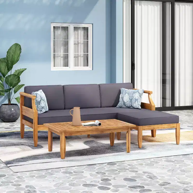 Christopher Knight Home Sloane Outdoor Acacia Wood 3 Seater Sofa Chat Set with Ottoman, Teak and Dark Gray