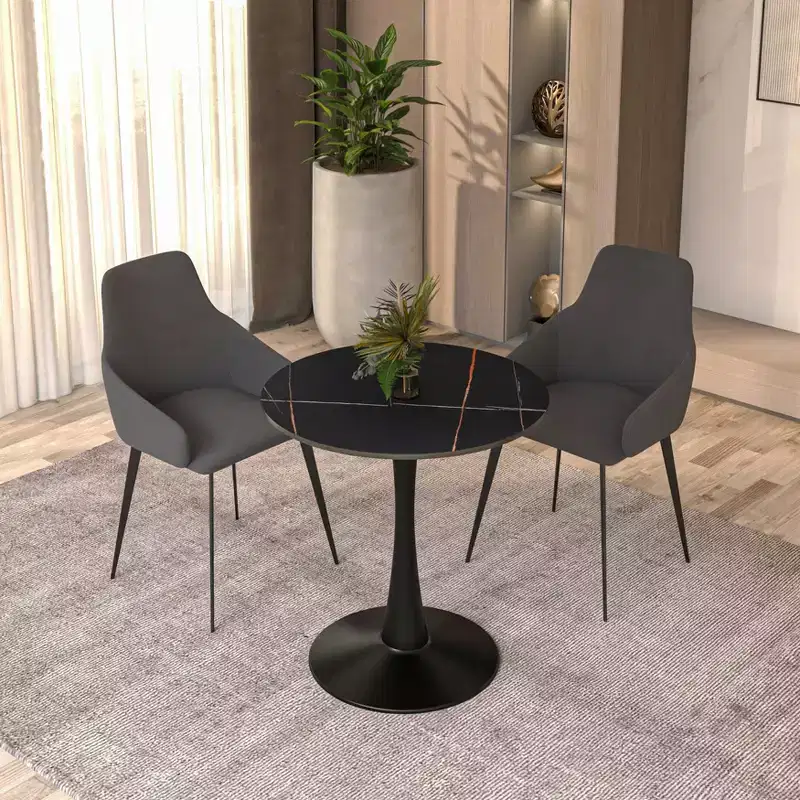 LeisureMod Bristol 27 Round Dining Table  Sintered Stone Top, Black Steel Pedestal Base, Accent Caf Table for Kitchen & Small Spaces