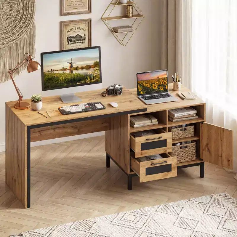 Costway 71 Executive Desk with Open Compartments, Storage Drawers & Single-Door Cabinet Natural