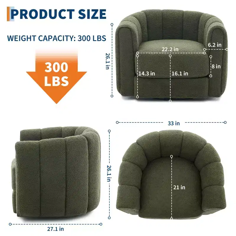Modern Swivel Accent Chair, 360Rotating Barrel Armchair with Striped Backrest, Round Lounge Chair, Comfy Reading Chair for Bedroom Nursery, Green
