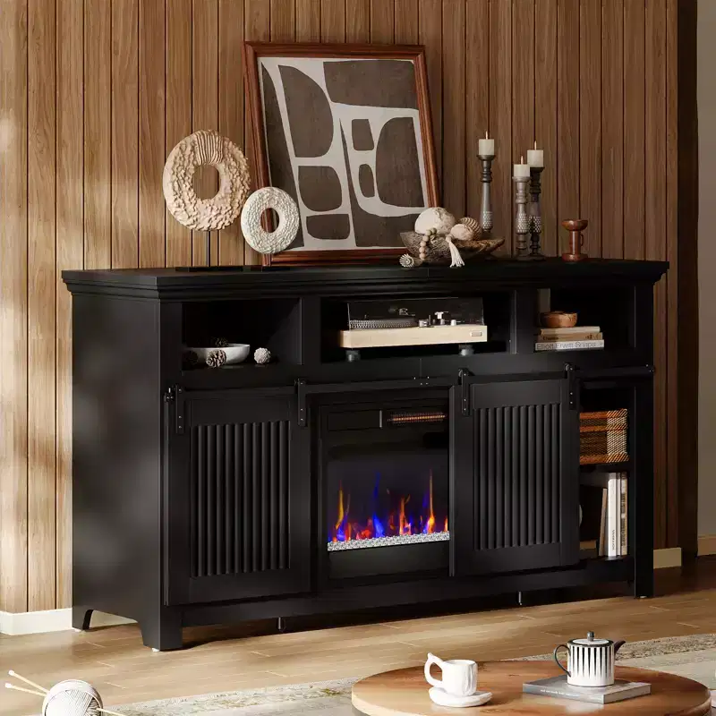 Bestier 61 Fireplace TV Stand for TVs up to 65, Farmhouse Barn Door Entertainment Center Media Console with 23 Remote Control Electric Fireplace
