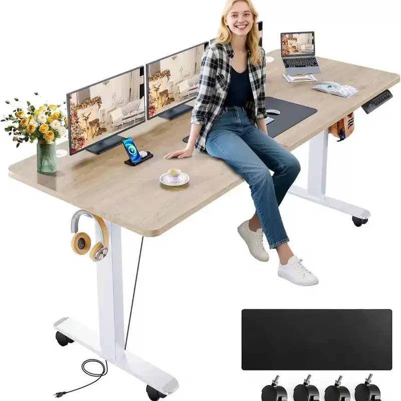 Standing Computer Desk Adjustable Height 63 24 Desk with outlet Rolling Wheels Dual-Beam Frame Mouse Pad Spliced Desktop Multifunctional
