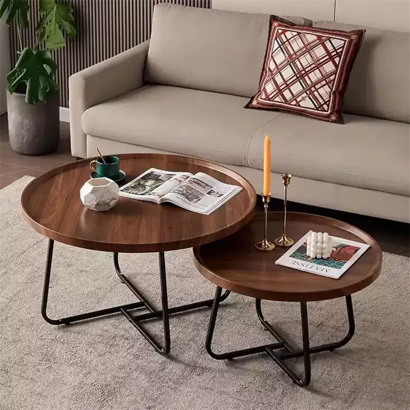 Acekool Nesting Coffee Table Set, 2 Round Tables, Walnut Finish MDF Top with Raised Edge, Interchangeable Metal Legs, Space-Saving Design