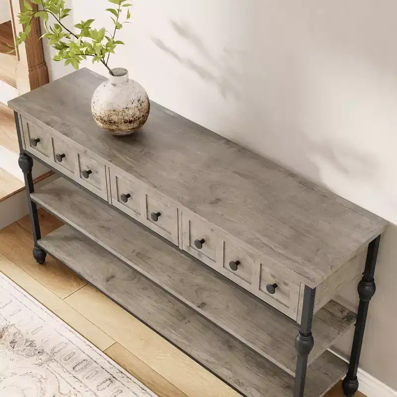 52.5 Inch Console Tables for Entryway with 3 Drawers, 3-Tier Industrial Metal Frame Sofa Table with Roman Column Legs for Hallway, Living Room, Foyer