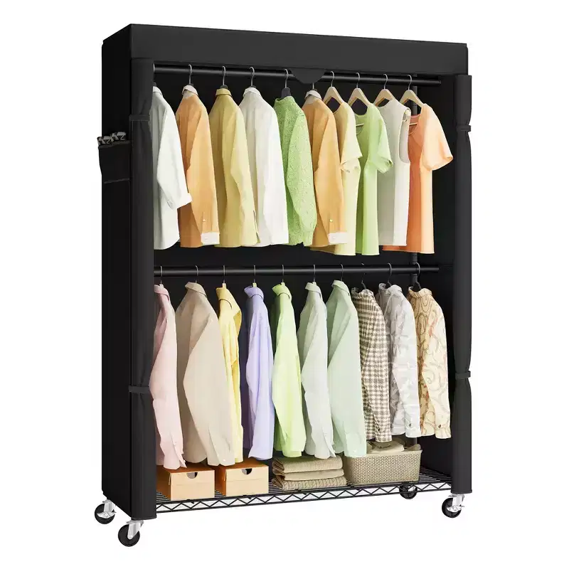 Heavy-Duty Rolling Clothes Rack Portable Closet with Wheels Adjustable Shelves Hanging Rails Fabric Cover Ink Black
