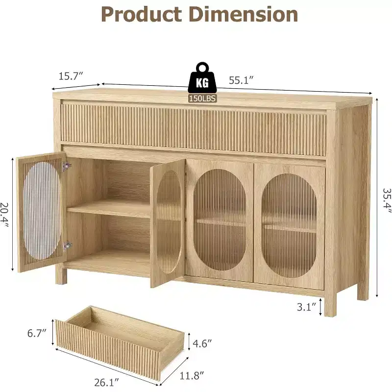Acekool 55 Inch Buffet Sideboard Cabinet with Glass Doors and Fluted Drawers, Storage Cabinet Table for Dining Room, Kitchen, Living Room, Natural