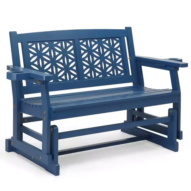 Karl Home | Double Seat Fir Wood Patio Glider Bench with Floral Backrest