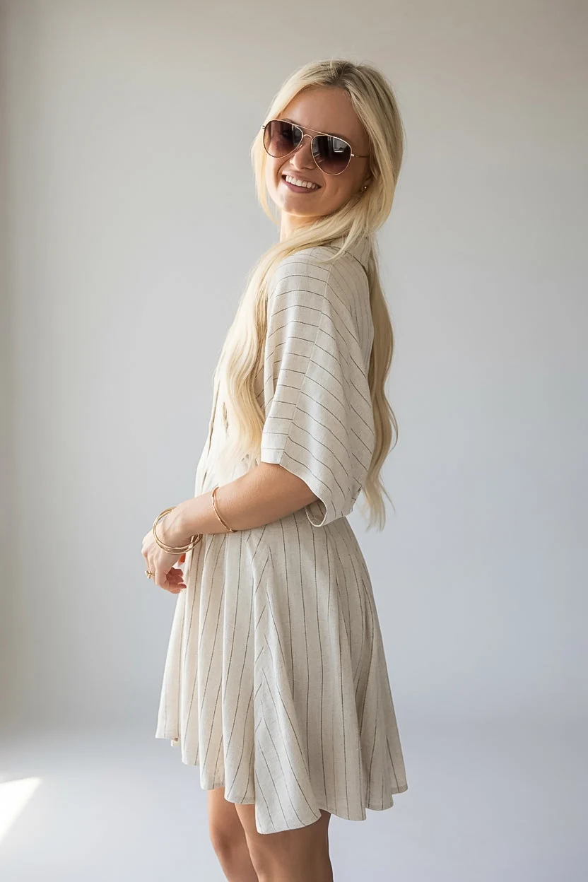 Natural Stripe Collared Button Front Mini Dress