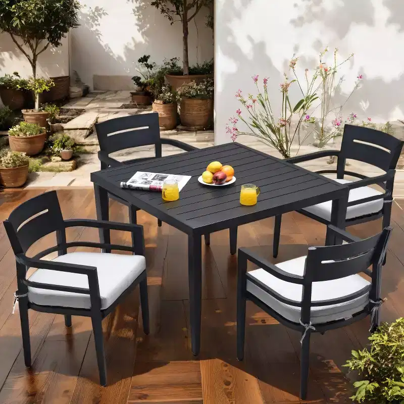 5-Piece Modern Outdoor Aluminum Patio Dining Set, Square Table with Umbrella Hole & 4 Cushioned Armchairs for Patio, Deck, Backyard-Panipeachy
