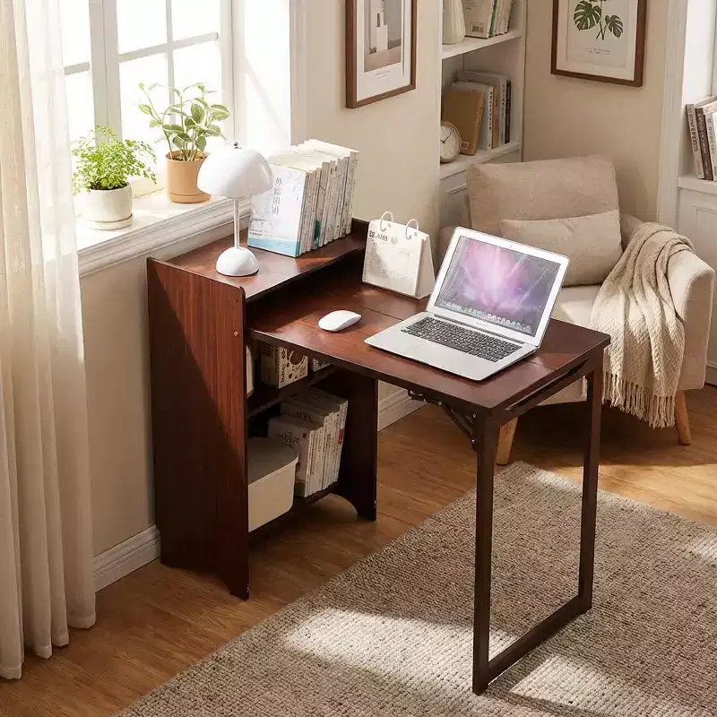 JVNOXK Bamboo Folding Desk with Hidden Storage, Mid Century Space-Saving Computer Table for Home Office Bedroom, Walnut Brown