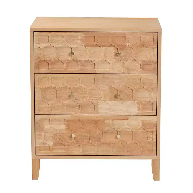 Carved Honeycomb 3 Drawer Chest, Natural