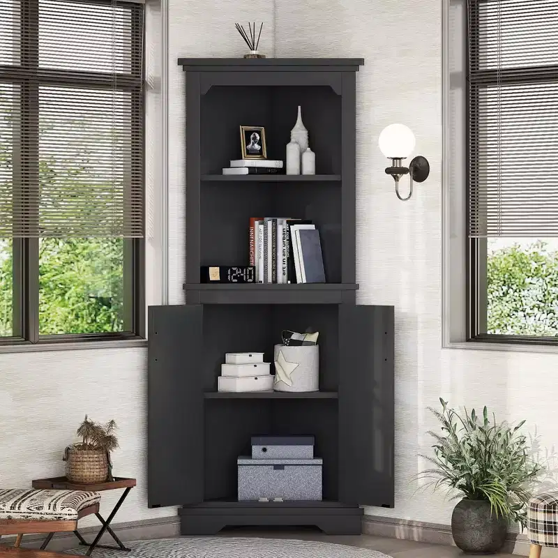 Okak Tall Freestanding Bookcase Bathroom Cabinet with 2 Doors & 2 Shelves,Floor Corner Storage Cabinet for Bathroom,Living Room