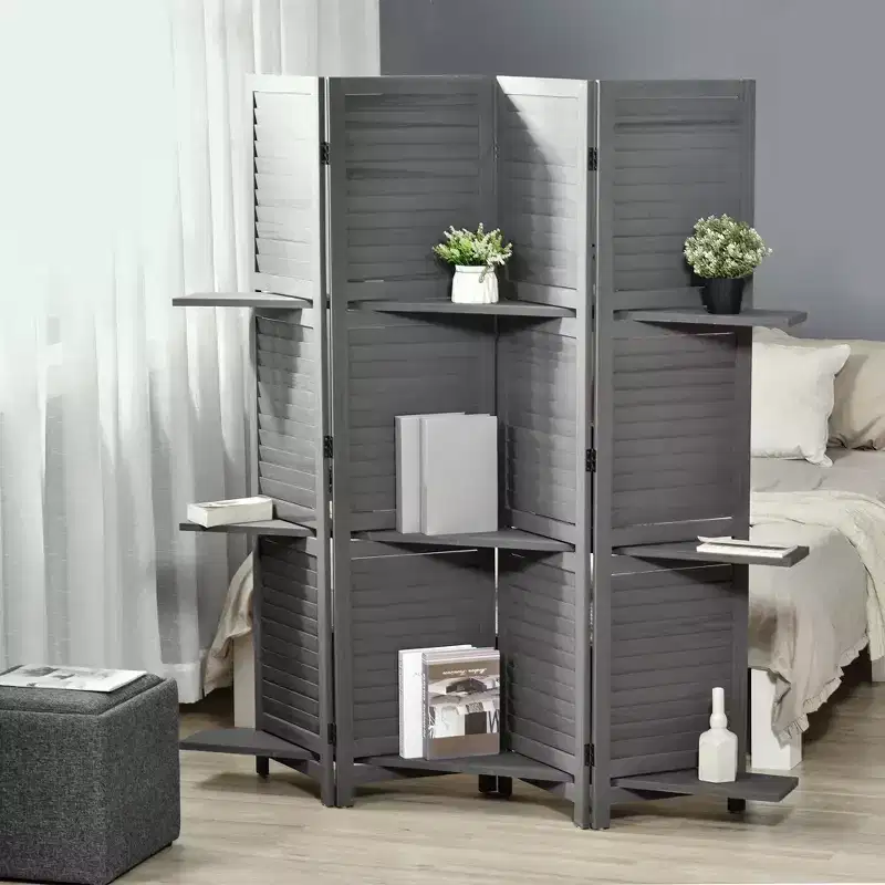MAYEERTY 4 Panel Folding Room Divider Freestanding Paulownia Wood Privacy Screen Panel with Storage Shelves for Bedroom Office Gray