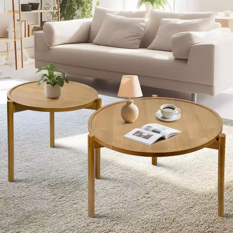 BEARUT Wooden Round Nesting Coffee Tables Set of 2, Solid Wood Round End Table