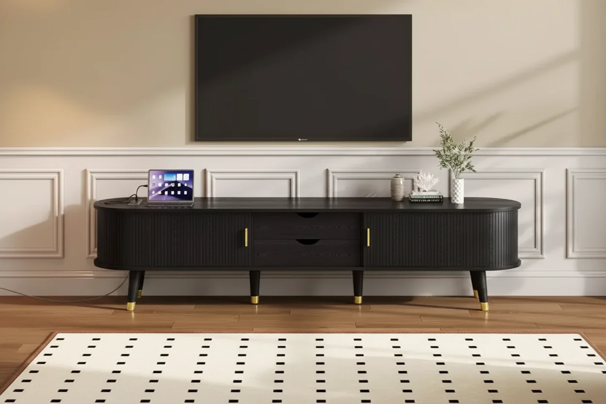 MDF TV Stand with Sliding Door and Charging Station for TVs up to 80