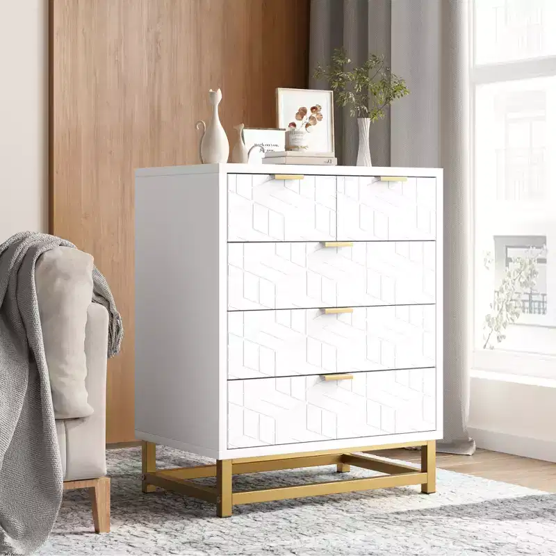 White Dresser with 5 Drawers, Tall Chest of Drawers, 5 Drawer Dresser with Deep Space, Wood Storage Cabinet for Living Room, Hallway, Office
