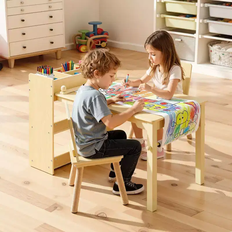 VEVOR Kids Art Table and Chair Set, Toddler Craft Table with 3 Tiers Storage Cabinet, Wooden Kids Activity Play Desk with 2 Chairs, Light Wood