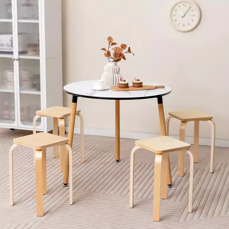 4 Set Square Backless Stools w/ Rounded Corners & Antislip Felt Mats Wooden