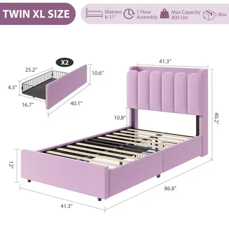 Upholstered Platform Bed Frame Storage Headboard & Drawers, Strong Wood Slats, Noise-Free Metal Frame, Heavy Duty, Easy Assembly,