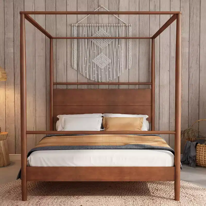 Merax Modern Rustic Solid Wood Canopy Bed Frame with Built-in Headboard