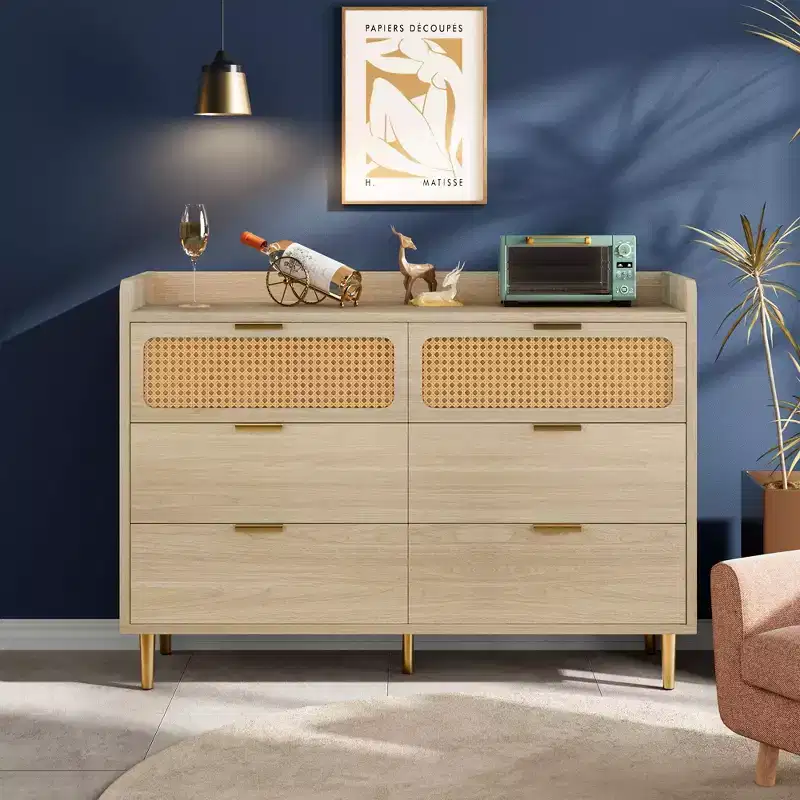6 Drawer Dresser Farmhouse, Wide Bedroom Storage Chest with Rattan Accents