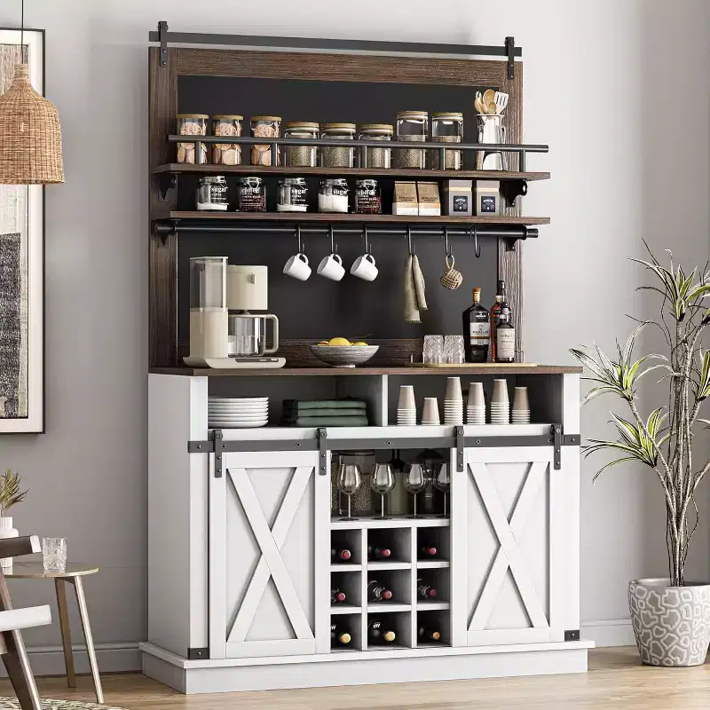 75-Inch Tall Coffee Hutch Cabinet with Sliding Barn Doors, Large Farmhouse Kitchen Buffet Cabinet, Spacious Storage Sideboard for Dining Room