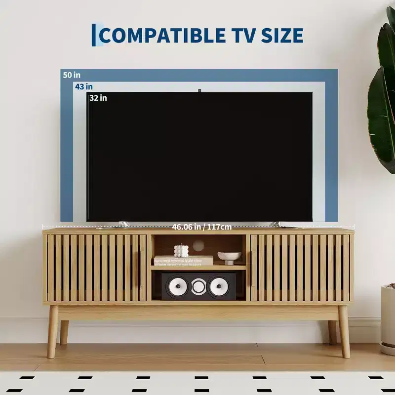 Boho TV Stand for Living Room, Entertainment Center for TVs Up to 50 Inch, Television Console Table with Storage Cabinet and Open Shelves, Natural