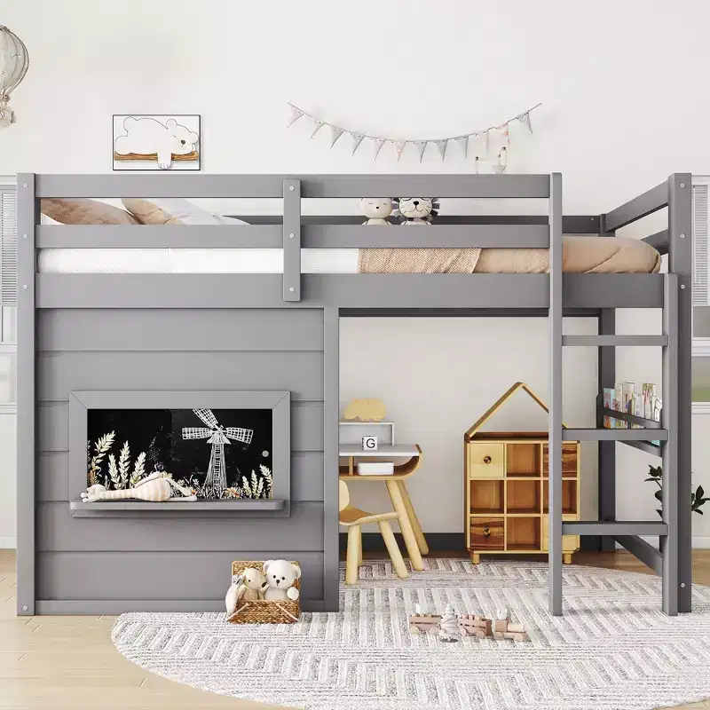 Kids Loft House Bed with Chalkboard | Twin/Full Wood Bed Frame with Play Space & Built-in Bookshelf | Cabin-Style Bunk for Boys & Girls