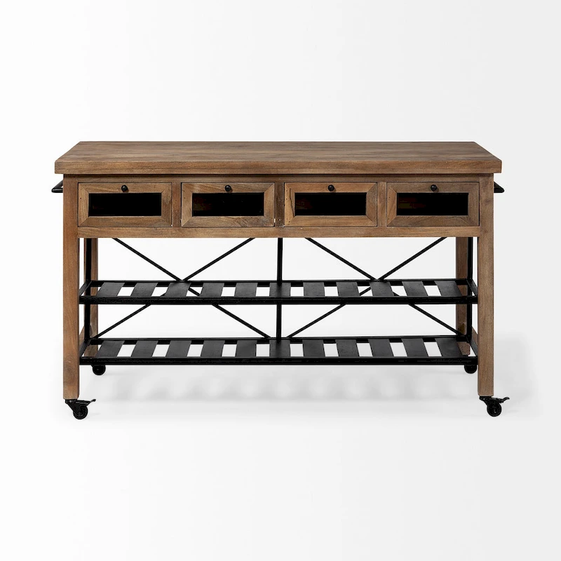 Stuart I Brown Solid Wood Top Two-Tier Black Metal Rolling Kitchen Island - 28.0L x 60.0W x 34.0H