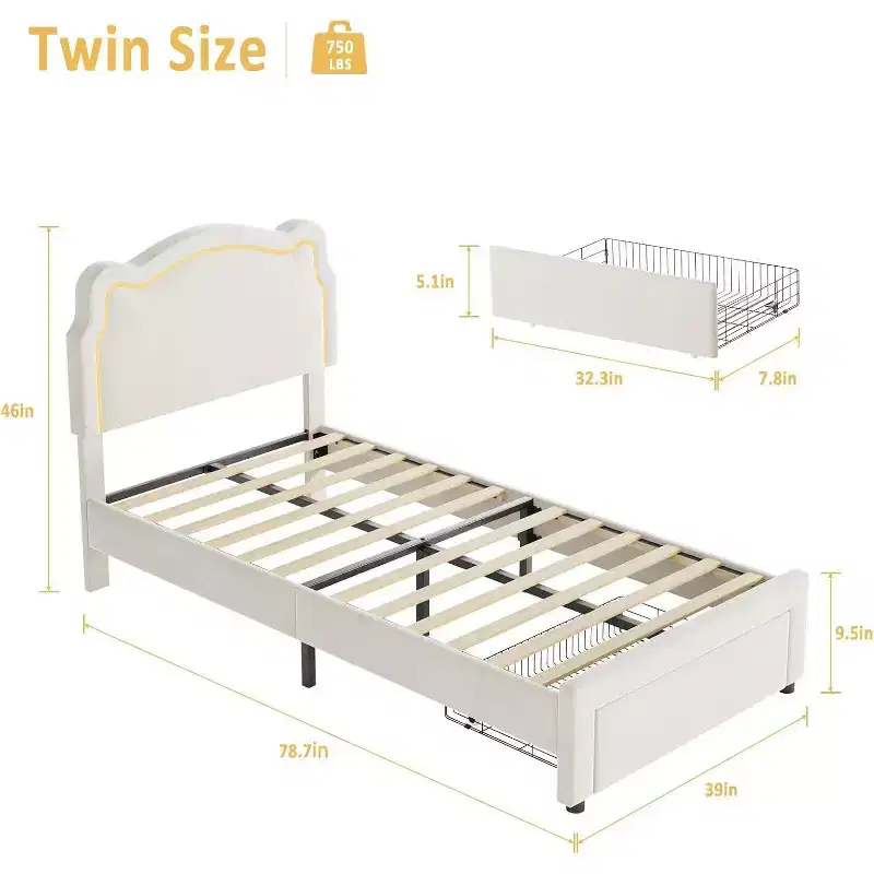 Smart LED Twin Bed - Adjustable Headboard, Velvet Upholstered Platform, No Box Spring, Wood Slats