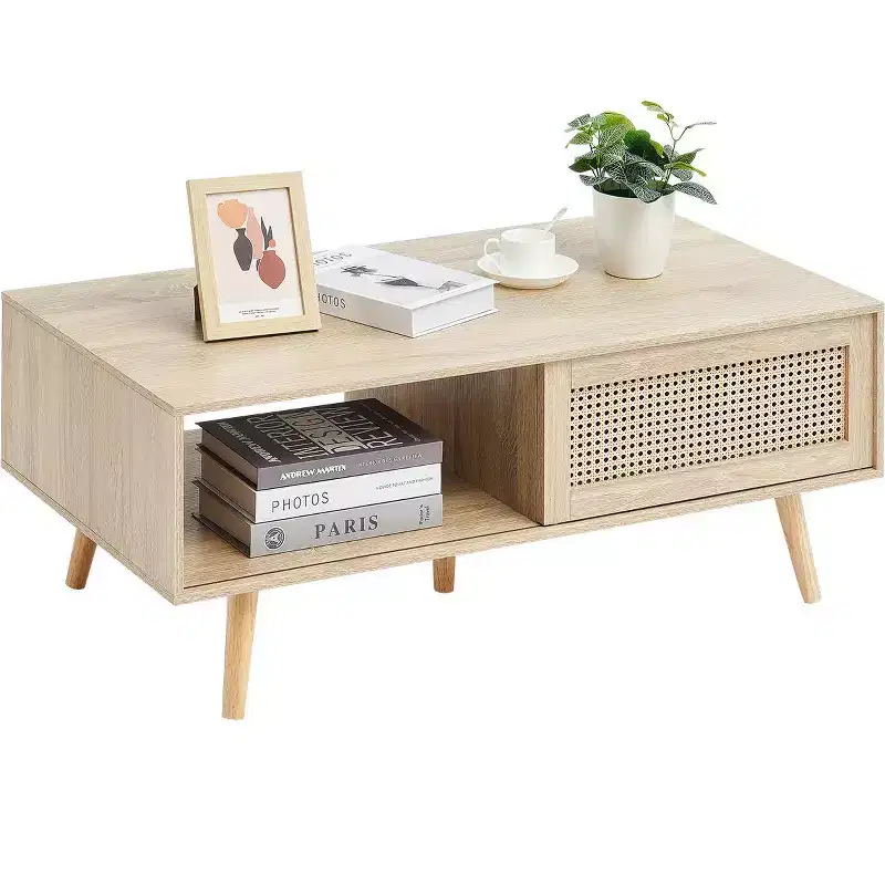 Rattan Coffee Table, Mid Century Modern Coffee Table, Rectangle Wood Coffee Table, 42 Inch Modern Boho Style Two Layers Storage Coffee Table