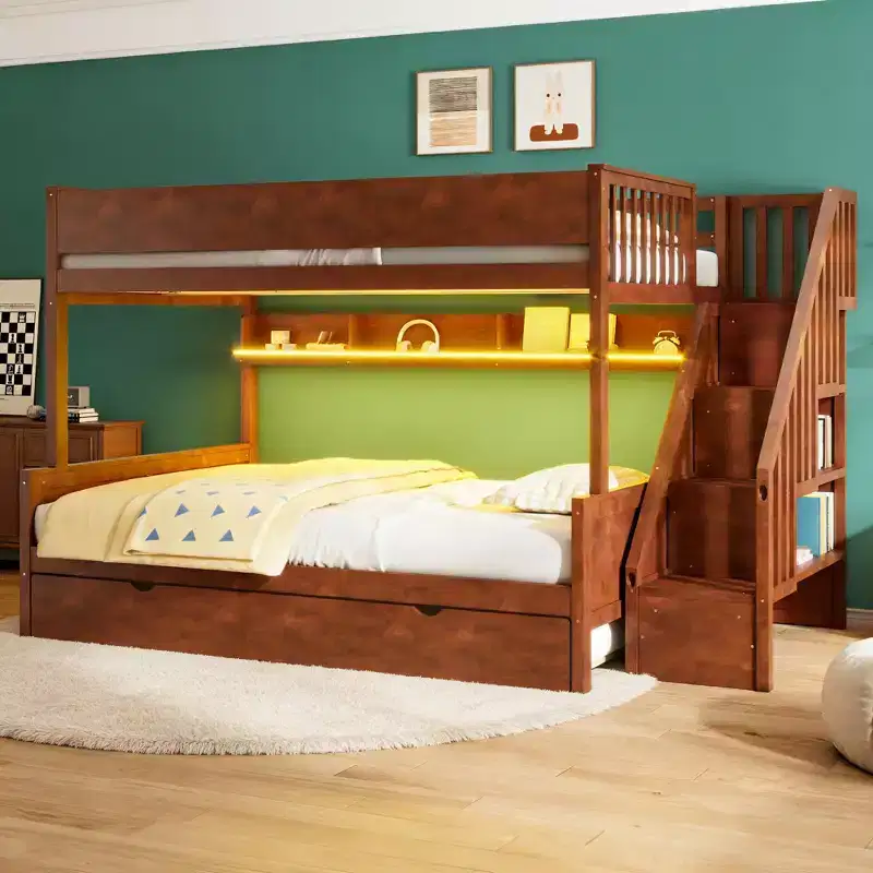 Full XL over Queen Bunk Bed with Trundle, Storage Shelves, Staircase and Light