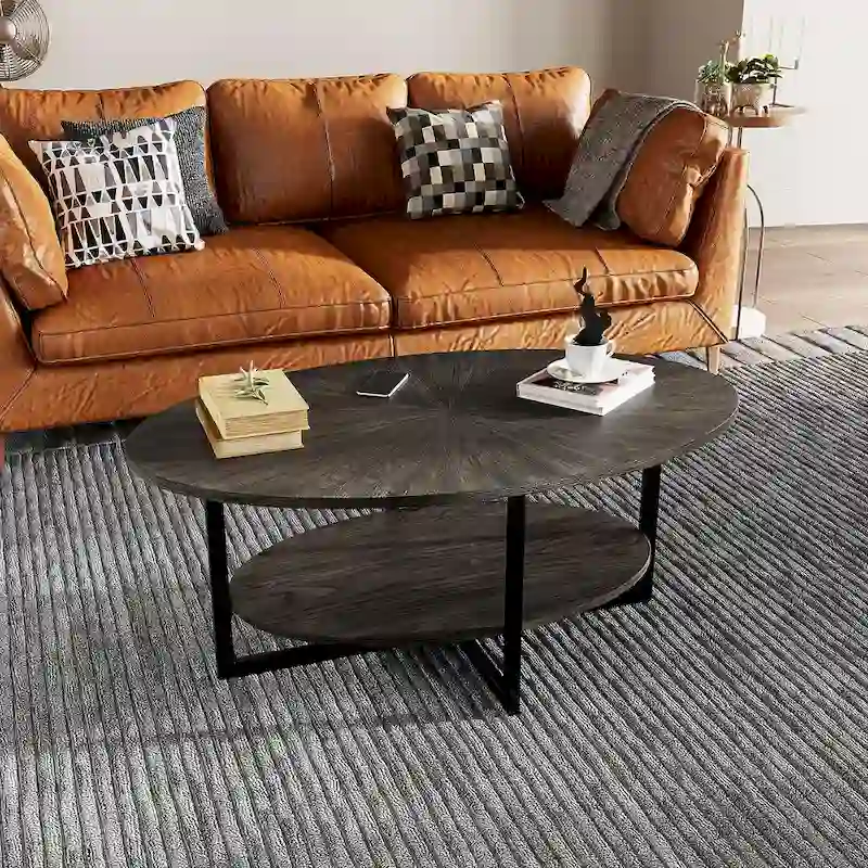 Solid Wood Oval Coffee Table with Cross Metal Legs