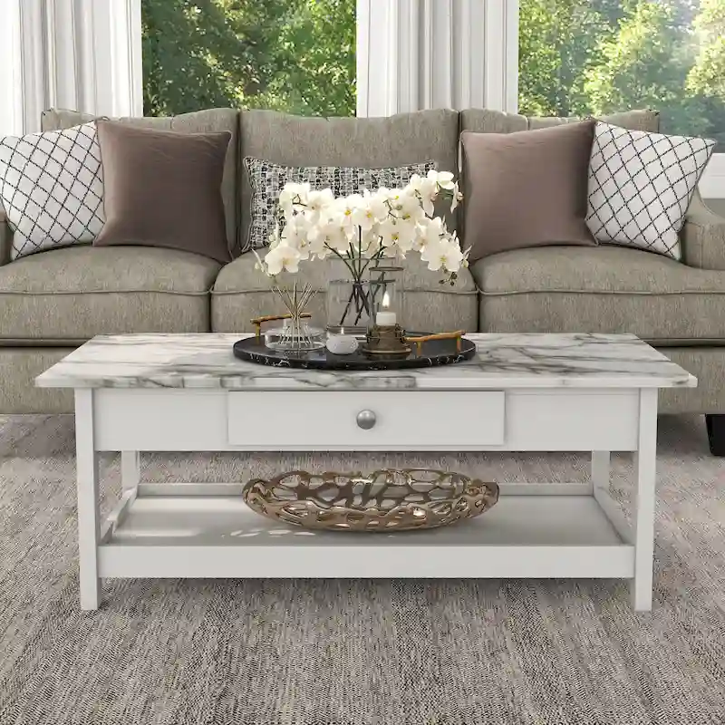 DH BASIC Transitional Rubberwood 3-Piece Open-Shelf Coffee Table and End Table Set with Drawer by Denhour