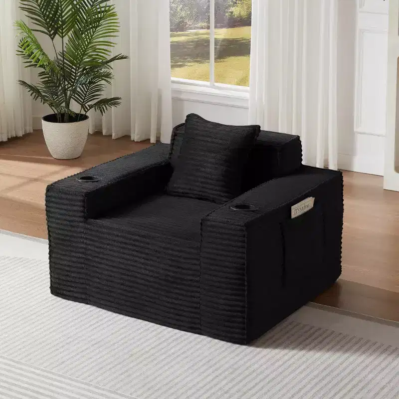 Modern Corduroy Single-Seat Sofa with Cup Holder, Comfy Deep Seat Chair for Compact Living Rooms, Apartments, and Offices-Panipeachy