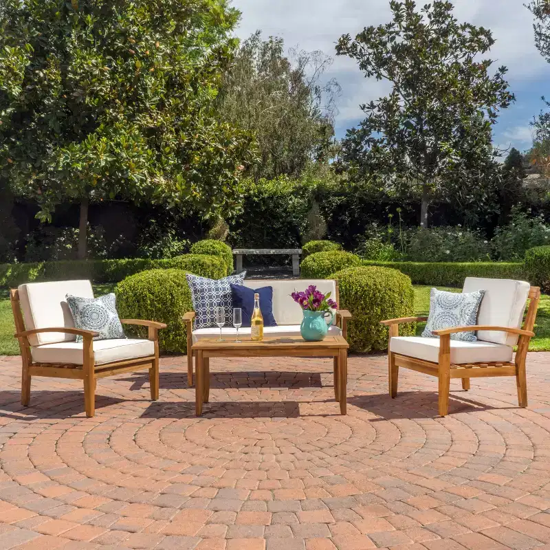 GDFStudio Keanu Outdoor Acacia Wood 4 Seater Chat Set with Cushions