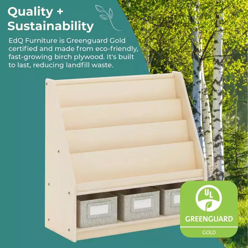 Children's Wooden Book and Bin Display Shelf with 4 Fabric Bins