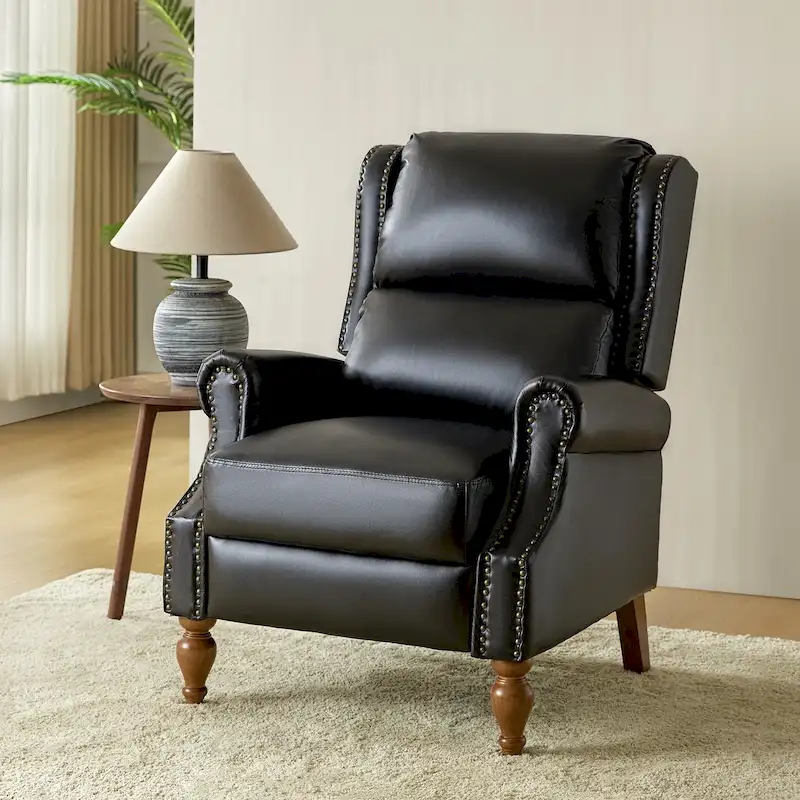 Traditional Vegan Leather Manual Push-Back Recliner, Padded Armrests, Solid Wood Legs, Living Room