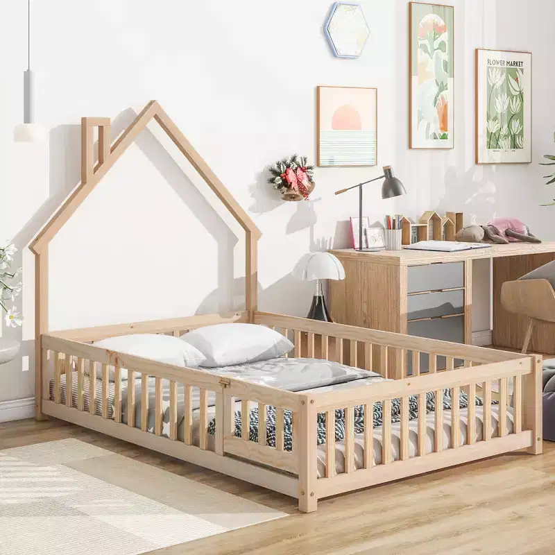 Full Size Kids House Shaped Bed with Guardrail, Wood Floor Bed Frame with Fence for Bedroom