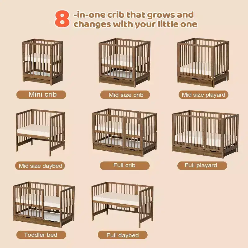 JOYMOR 8 in 1 Convertible Crib with Drawer, Include 2 Mattress, Converts to Bassinet, Mid Crib, Full Size Crib, Daybed,Toddler Bed and Playard