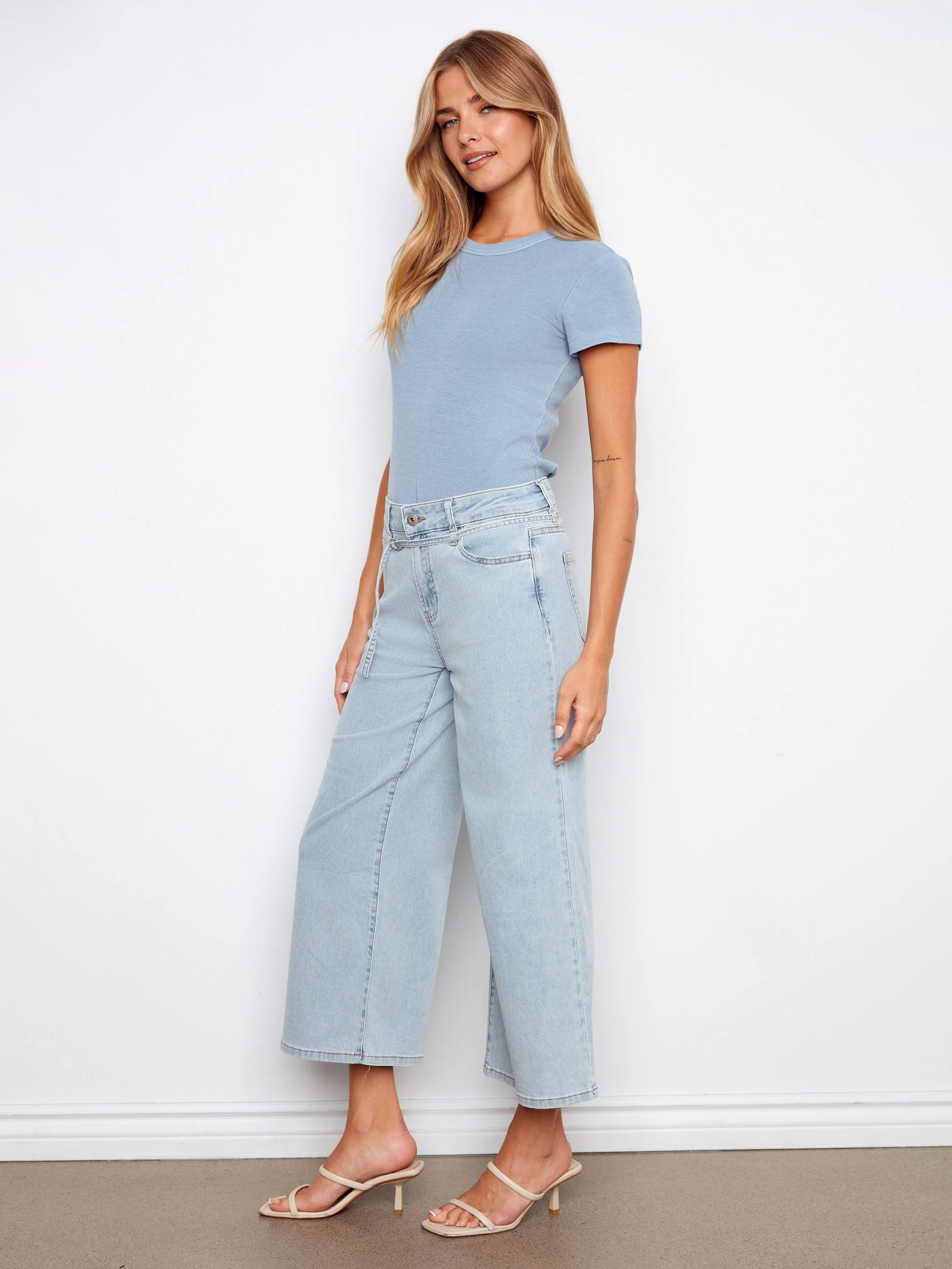 Belted Cropped Wide Leg Jeans - Bleach Blue