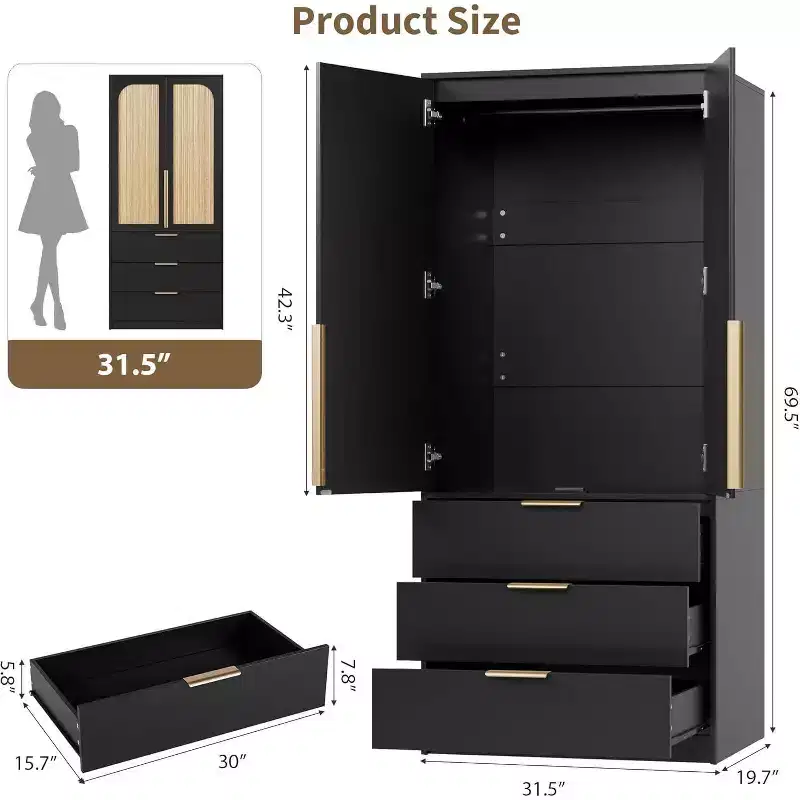 Acekool 69.5 Armoire Wardrobe Closet with 3 Drawers, Rattan Door, Wooden Storage Cabinet with Hanging Rod, Bedroom Organizer