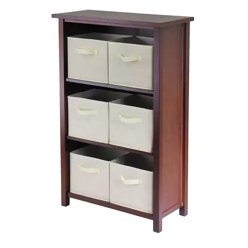 42.99" 7pc Verona Set Storage Shelf with Folding Fabric Baskets Walnut - Winsome: Mid-Century Modern, Wood Composite