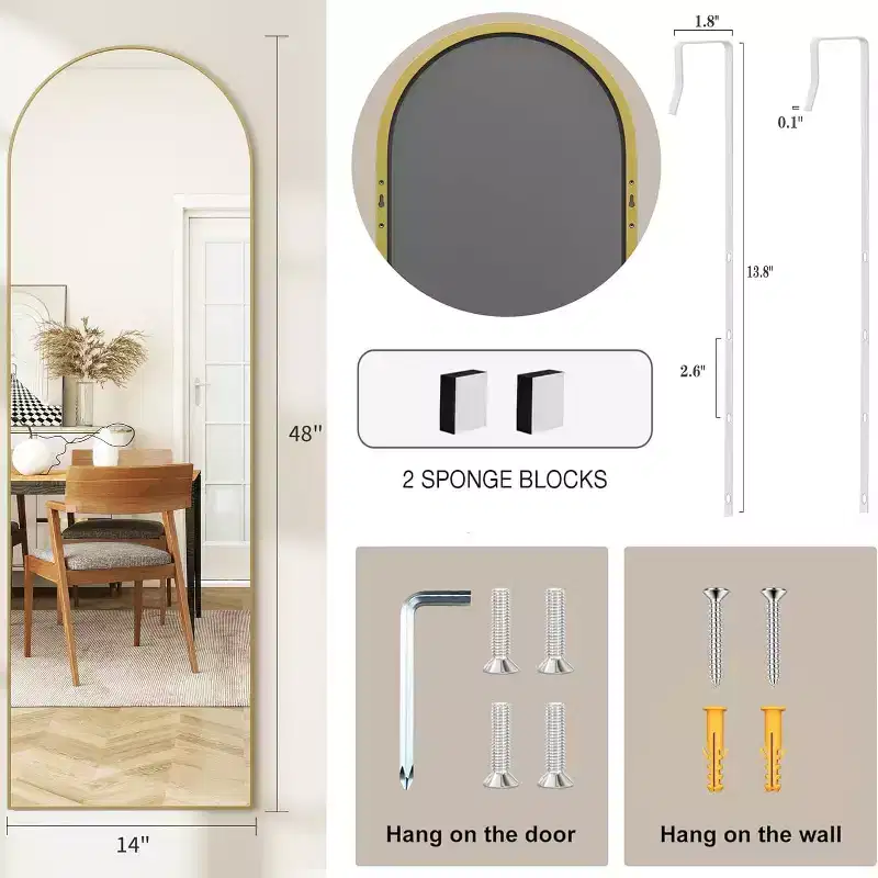 14x48 Hanging or Wall-Mounted Gold Door Mirror, Arched Full-Length, Easy Install