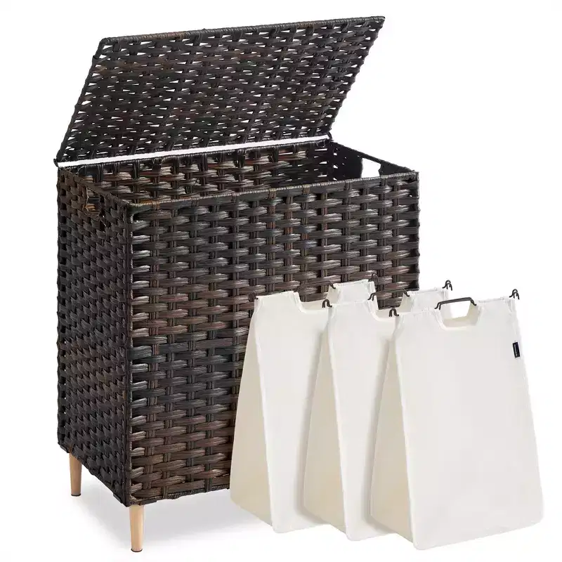 SONGMICS Laundry Hamper with Lid, PE Rattan Laundry Basket with Removable Liner, Storage Basket, 3-Section Sorter, 42.2 Gallons (160 L)