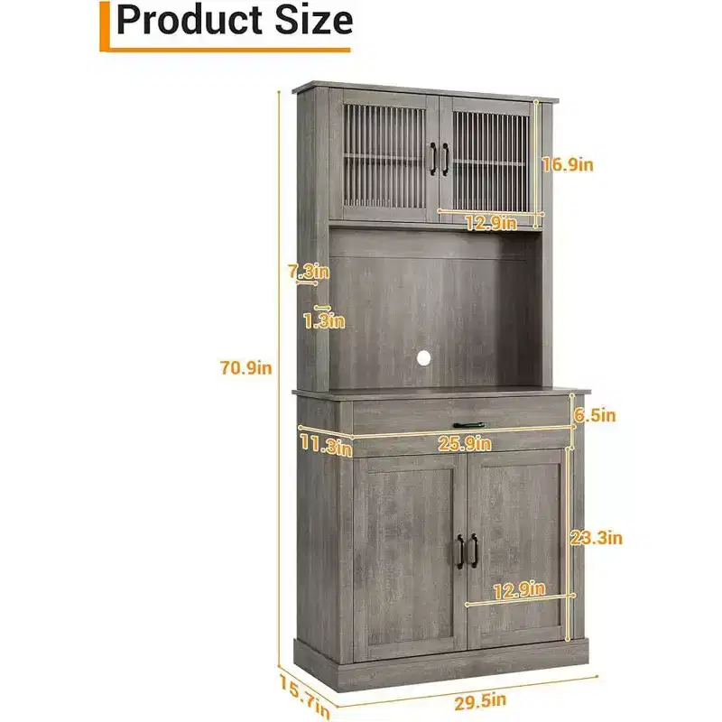 Tall Pantry Cabinet - Kitchen Storage Hutch Cabinets with Microwave Stand, Fluted Glass Doors, Drawer, Adjustable Shelves - Perfect for Dining Rooms