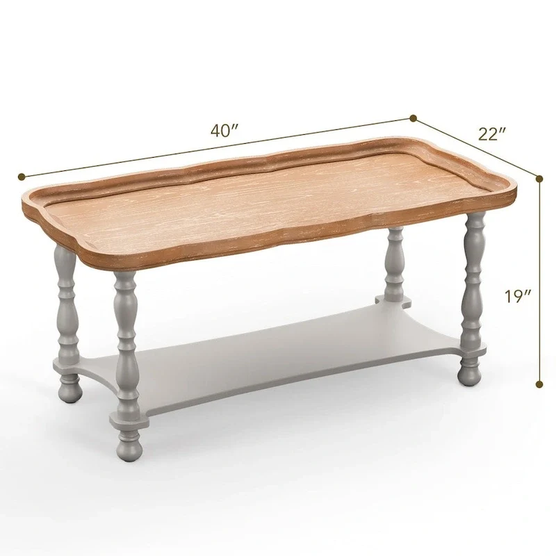 French Farmhouse Coffee Table with Natural Tray Top and Shelf