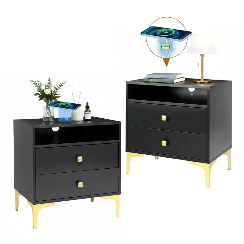 TYBOATLE Rattan Nightstand with Wireless Charging Station, Mid-Century Modern End Table with 2 Boho Woven Drawers, Wood Bedside Table for Bedroom